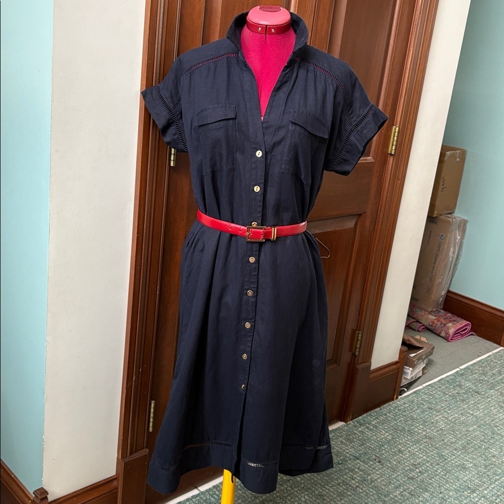 Ann Taylor  dress  button down  short sleeve  navy  Lyocell linen   size 10 P